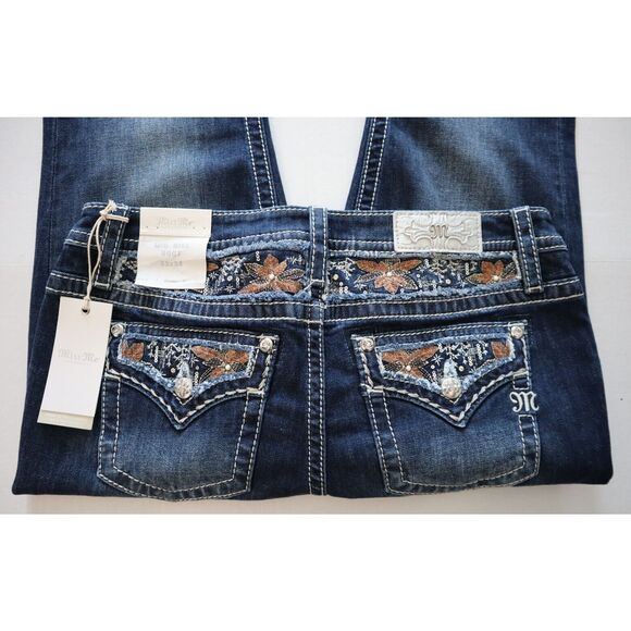 Miss Me M3953B Women's Sz 33 Dk Blue Floral Paradise Mid-Rise Bootcut Jeans - Picture 11 of 13